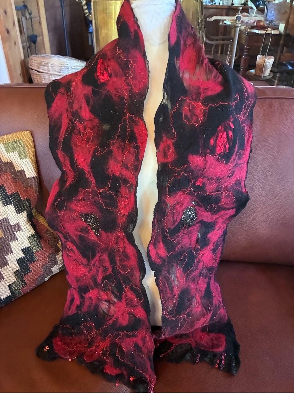 HANDMADE Red and Black wet Felted Wool Scarf - Elegant Women's Accessory.